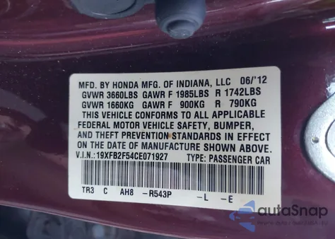 2012 Honda Civic Lx from USA, damaged, VIN 19XFB2F54CE071927